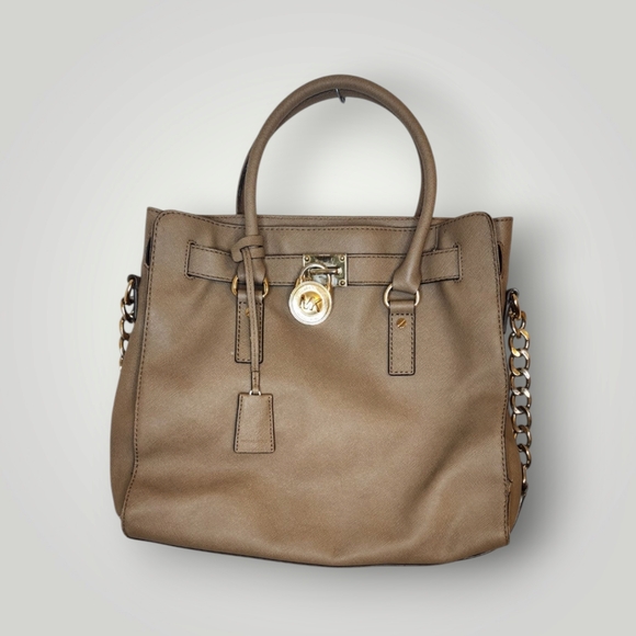 Michael Kors Hamilton tan beige  Leather LG NS TOTE - Picture 1 of 15